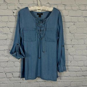 Style & Co. Long Sleeve Chambray‎ Lace Front Pullover Top, Size PL, Denim Blue
